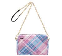 KLL Petit sac à bandoulière tendance à motif tartan rose pâle et bleu pour femme en cuir végétalien, sac à main à bandoulière imperméable