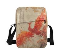 KLL Phoenix Bird Sac à bandoulière en cuir végétalien avec peinture à l'encre chinoise et or rouge pour femme