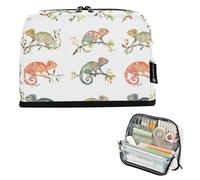 KLL Pochettes à crayons de grande capacité pour maquillage - Organiseur de papeterie pour filles - Jardin d'enfants - Caméléon amusant - Reptile - Blanc