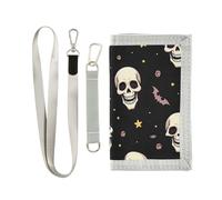 KLL Portefeuille de voyage à trois volets pour homme motif crânes blancs et étoiles jaunes d'Halloween pour cadeau d'anniversaire minimaliste décontracté avec cordon