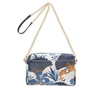 KLL Sac à bandoulière tendance en forme d'éventail à motif floral blanc et bleu style art déco pour femme en cuir végétalien décontracté quotidien sac à main à fermeture éclair pour femme