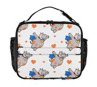 KLL Sac à déjeuner isotherme léger et extensible avec bandoulière et porte-bouteille, sac fourre-tout réutilisable pour l'école, le travail, l'extérieur, hippopotame drôle, animal volant blanc, cœur