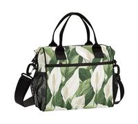 KLL Sac à déjeuner réutilisable et robuste avec bandoulière pour femme - Motif fleurs de lys de la paix et feuilles vertes - Style minimaliste - Pour bureau - Lonchera para Hombre que Caliente