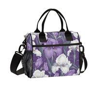KLL Sac à déjeuner vintage doux réutilisable avec bandoulière Motif fleurs d'iris violettes et blanches pour garçons