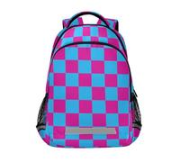 KLL Sac à dos de karaté bleu cyan et fuchsia à motif damier pour enfants avec clip de poitrine pour université mochilas escolares para ni?os de 10 a?os