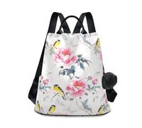 KLL Sac à dos d'école multifonction avec motif fleurs et oiseaux - Peinture à l'encre chinoise - Pour les voyages, le travail et le quotidien - Avec porte-clés pompon