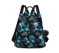 KLL Sac à dos multifonction motif tête de mort et yeux fluo bleus pour femme avec pompon porte-clés
