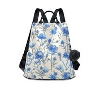 KLL Sac à dos rétro bleu blanc roses chardons et épines tendance pour université sac à dos polyvalent pour femme imperméable pour voyage, travail, quotidien avec porte-clés pompon