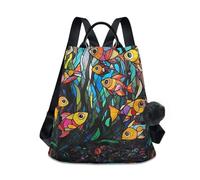 KLL Sac à dos tendance en vitrail School of Fish pour ordinateur portable, sac à dos imperméable tendance pour femme, pour voyage, travail, quotidien, avec porte-clés à pompon