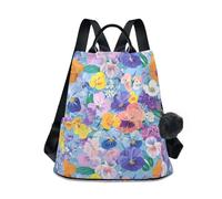 KLL Sac à dos tendance pour adolescentes, motif fleurs de printemps, pensées, jacinthes, bleu, sac à dos tendance pour femme, université, shopping quotidien avec porte-clés pompon