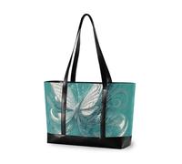 KLL Sac à main professionnel pour ordinateur portable 14 avec fermeture éclair Motif papillon abstrait Argenté et notes de musique Bleu sarcelle Grand sac à main pour l'école avec bolso pour