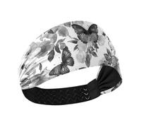 KLL Serre-tête élastique antidérapant avec papillons et fleurs Noir et blanc
