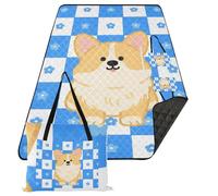 KLL Tapis de pique-nique imperméable à motif chien de dessin animé bleu blanc grille couverture de pique-nique portable anti-sable couverture de pique-nique pour les personnes en plein air concert