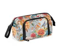 KLL Trousse à crayons de grande capacité avec compartiment avec poignée et porte-crayons pour étudiant, collège, fleurs d'automne, fleurs de dahlia, oiseaux, argent