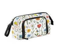 KLL Trousse à crayons de grande capacité légère avec compartiments pour femme - Motif floral élémentaire - Œillet - Basilic - Blanc