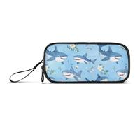 KLL Trousse à crayons en nylon bleu dessin animé requin rusé pour fournitures scolaires haute capacité pour adultes