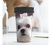 KLLTYHMU Joli mug de voyage en forme de chien maltais, tasse à café isotherme en acier inoxydable avec couvercle dissimulé et boucle de transport pour homme et femme 500 ml
