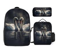 KLLTYHMU Sac à dos 3 pièces pour homme et femme - Léger - Sac à bandoulière décontracté avec sac à déjeuner isotherme et trousse à crayons - Cygne sur l'eau