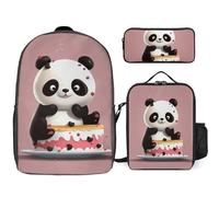 KLLTYHMU Sac à dos 3 pièces pour homme et femme - Léger - Sac à bandoulière décontracté avec sac à déjeuner isotherme et trousse à crayons - Gâteau panda
