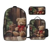 KLLTYHMU Sac à dos 3 pièces pour homme et femme, sac à dos léger et décontracté avec sac à déjeuner isotherme et trousse à crayons, organiseurs de branches d'arbre de Noël, poupée d'ours