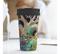 KLLTYHMU Tree of Life Tasse à café de voyage en forme de cœur 500 ml en acier inoxydable isotherme avec couvercle et boucle de transport dissimulée pour homme et femme