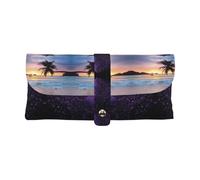 KLMELLMDE Exquise Sunrise Tropical Palm Tree Island Pen Case Snap Closure Leather Eyeglasses Bag School Pen Case Office Stationery Organizer Make Up Bag
