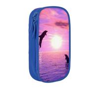 KLMELLMDE Trousse à crayons Sunset Dolphins, trousse de maquillage, grande capacité, double couche, organisateur de papeterie de bureau., bleu, Taille unique, Organiseur de sac