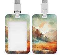 KLOPH Porte-badge vertical avec lanière - Protection pour carte d'identité - Montagnes et soleil - Avec fenêtre transparente - Pour infirmière, médecin, fournitures de bureau, style 3