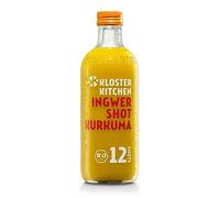 Kloster Kitchen Bio Gingembre Shot Curcuma, 12 Shots à 360 ml Avec Morceaux de Gingembre, Curcuma en Bouteille en Verre, Végétalien (Incl. 0,25€ de Caution Consigne)