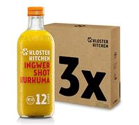 Kloster Kitchen Bio gingembre Shot Curcuma, 12 SHOTS à 3x 360 ml avec morceaux de gingembre, Shots de gingembre au curcuma en bouteille en verre, végétalien (incl. 0,75€ de caution consigne)