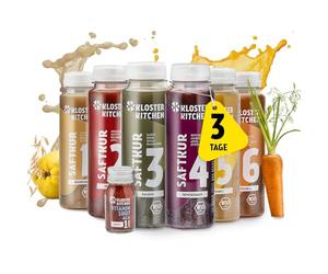 Kloster Kitchen Cure de jus bio 3 jours I 18x 250ml de jus + 3x 30ml de shot de gingembre I Cure de jeûne végétalienne 6 saveurs I 592 kcal par jour | Riche en vitamines | (4,50€ CONSIGNE)