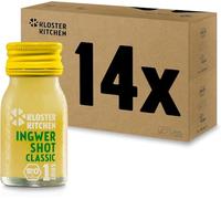 Kloster Kitchen Lot de 14 shots de gingembre bio 1SHOT - 14 x 30 ml - Avec véritables morceaux de gingembre - Végétalien dans une bouteille en verre à emporter - Doux et épicé - Sans additifs et avec