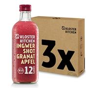 Kloster Kitchen Lot de 3 shots de gingembre bio à la grenade 360 ml avec pièces de gingembre I Ingembre shot végétalien I Bouteille en verre I Doux épicé sans additifs & avec douceur naturelle