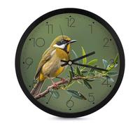 KLSVTMEA Horloges murales rondes faciles à lire, horloge murale ronde et moderne avec imprimé oiseaux vert olive, adaptée pour la salle de classe, la ferme, le bureau et la décoration d'intérieur