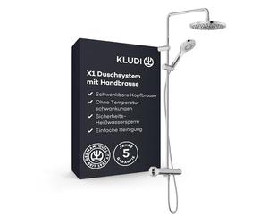 KLUDI - X1 6906705-81 Système de douche avec pommeau et douchette à main, thermostat Dual Shower System, montage mural, robinet thermostatique, diamètre 250 mm, 3 types de jet, chromé