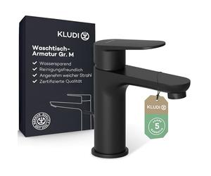 KLUDI - X1 robinet de lavabo avec bonde à tirette, hauteur de bec 95 mm, robinet de salle de bain économiseur d'eau noir mat taille M, cartouche en céramique, mitigeur lavabo avec tuyaux de