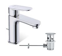 KLUDI - X1 robinet de lavabo chromé avec bonde à tirette, robinet économiseur d'eau de salle de bain taille M, hauteur de bec 95 mm, cartouche en céramique, mitigeur lavabo avec tuyaux de raccordement