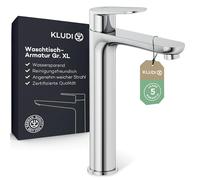 KLUDI - X1 robinet de lavabo, hauteur du bec 210 mm, robinet de salle de bain taille XL, cartouche en céramique, mitigeur lavabo avec tuyaux de raccordement en chrome