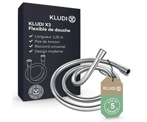 KLUDI-X3 Flexible de douche universel 1,25 m, facile à nettoyer, flexible avec double protection anti-torsion, flexible douce résistant aux plis avec raccord standard G1/2, chromé