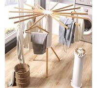 KLUFO Étendoir à Linge 48 pièces Étendoir à Linge Pliable avec 16 Bras rotatifs - Cadre en Bois Peu encombrant de 121 cm de Hauteur, Conception sur trépied pour Les Voyages et Le Rangement quotidi