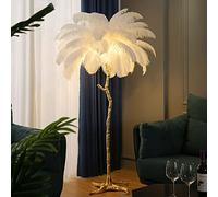 KLUFO Lustre véritable lampe en plumes d'autruche avec 5 sources de lumière LED, lampadaire en plumes de luxe 100% entièrement en résine, lampe sur pied, décoration, cadeau pour salon, chambre à c