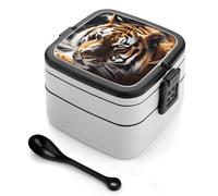 KLWQR Boîte à bento pour adulte tout-en-un empilable et étanche avec compartiments double couche anti-fuite - Motif tigre sauvage - Pour le bureau, le travail, le pique-nique