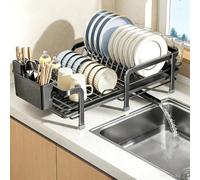 KLWQR Egouttoir Vaisselle sur Evier en Acier Inoxydable, Egoutoire Vaisselle Cuisine Extensible pour Plan de Travail de Cuisine avec Système de Drainage Rotatif(Black)