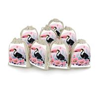 KLWQR Lot de 8 sacs cadeaux réutilisables en coton avec cordon de serrage de 12 x 17 cm, sacs de rangement en forme de toucan et de fleurs, pour bijoux, fêtes, emballages, cadeaux de Noël, sacs à