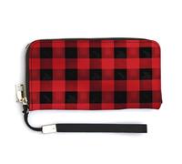 KLWQR Portefeuille en cuir imperméable à fermeture éclair autour du sac à main rouge noir motif écossais à carreaux de buffle porte-carte de crédit pour femme style pochette pour femme 20 x 10,5 cm,