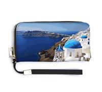 KLWQR Portefeuille en cuir imperméable avec fermeture éclair autour de la pochette Santorin île grecque vue sur la mer avec porte-cartes pour femme, style, 20 x 10,5 cm, Style :, 20.0*10.5cm