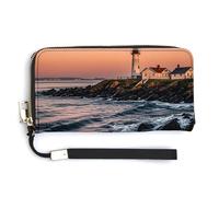 KLWQR Portefeuille en cuir imperméable avec fermeture éclair autour du sac à main pour femme Motif phare de Portland River Sunrise