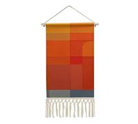 KLWQR Poster à suspendre en coton et lin avec pompon - 25,4 x 49,6 cm de long - Tapisserie murale abstraite orange et gris - Décoration murale abstraite pour salon, bureau, chambre à coucher