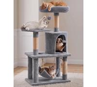 Klyvvo Arbre à Chat 112 cm, Petit Arbre a Chat pour Chats, avec 3 Poteaux à Griffer, 2 Plateformes, 1 Niche, 1 Hamac, 2 Pompons, Gris Clair