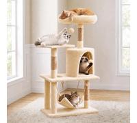 Klyvvo Arbre à Chat 112 cm, Petit Arbre a Chat pour Chats, avec 3 Poteaux à Griffer, 2 Plateformes, 1 Niche, 1 Hamac, 2 Pompons, Beige